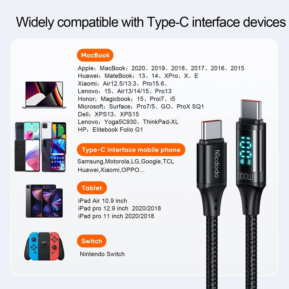 Mcdodo USB C Cable Type C Fast Charging 4ft with Digital 3.9 feet