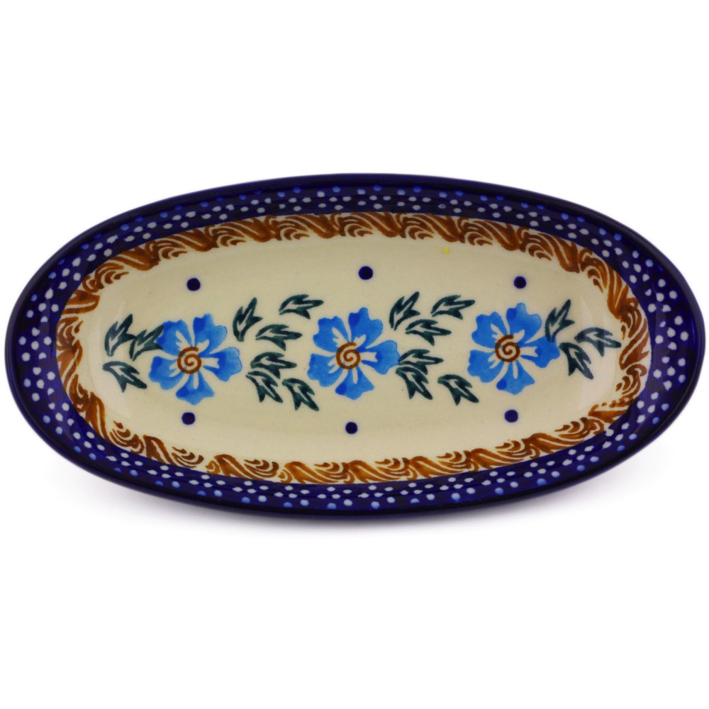 Polish Pottery Condiment Dish 6" Blue Cornflower