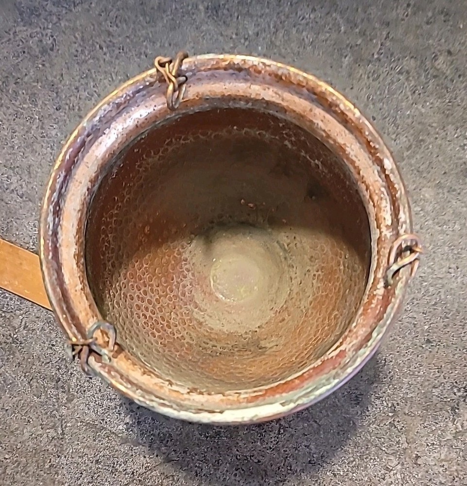 Vintage Hammered Copper Hanging Planter With Chains And Holder