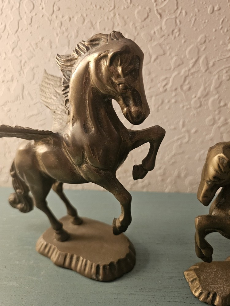 Vintage MidCentury Pair Solid Brass Rearing Pegasus-Very Good