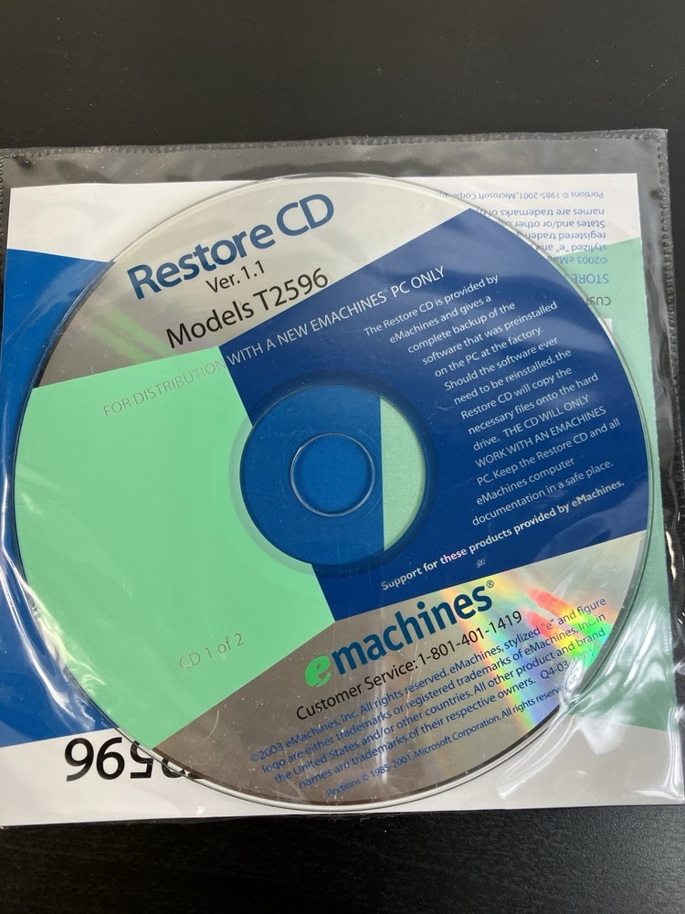 eMachines Restore CD Version 1.1 Model T2596 - 2 Disc Set for Desktop PC