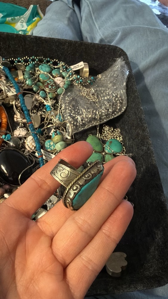 Turquoise teardrop adjustable German silver stamped ring