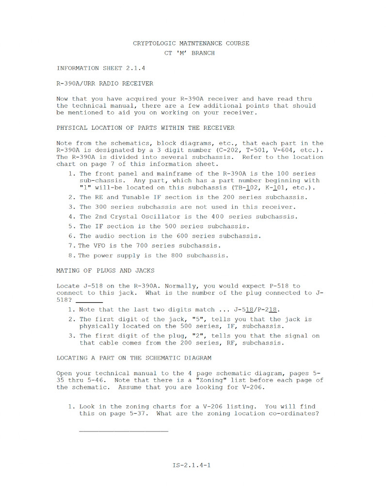 78 pg. CRYPTOLOGIC TECHNICIAN "A" R-390/URR MAINTENANCE COURSE Manual on Data CD