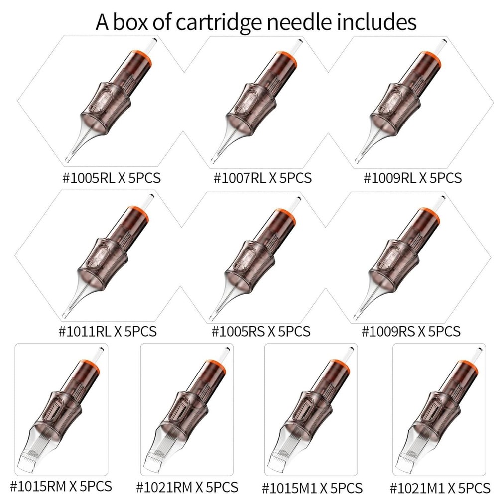 50 Assorted Disposable Tattoo Cartridge Needles - Mixed Sizes for Precision Work
