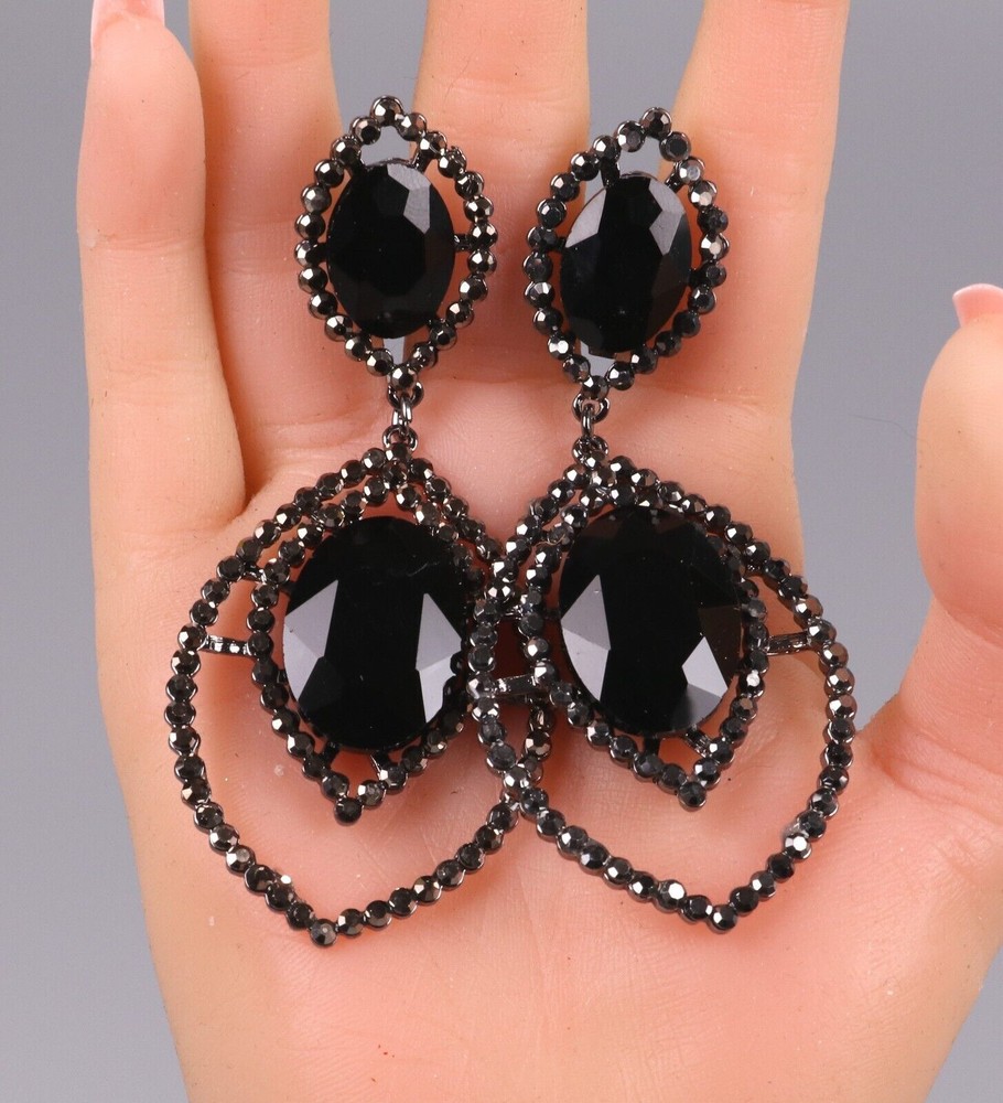3.54" Long CLIP ON Rhinestone Crystal Black  Dangle Drop Earring