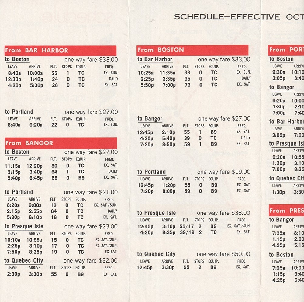 Bar Harbor Airlines timetable 1973/10/01