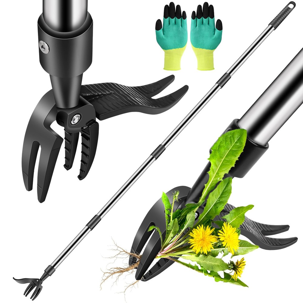 Weed Puller Tool, Stand Up Weed Remover Tool with Long Handle, 4 Claw Steel H...
