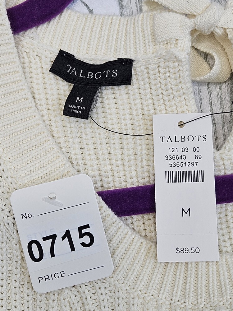 Talbots Mixed Fabric Cotton Sweater Crew Neck Tie Back Womens size Medium