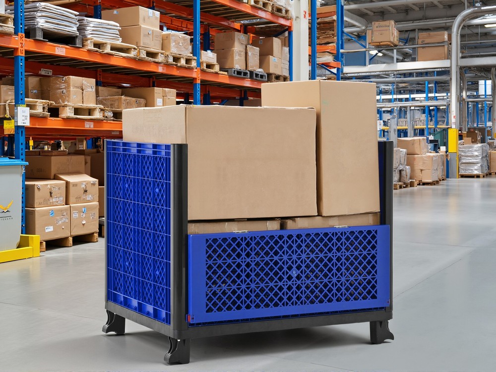 Collapsible Bulk Container Mesh Walls 600lb Capacity Stackable 4 High Blue