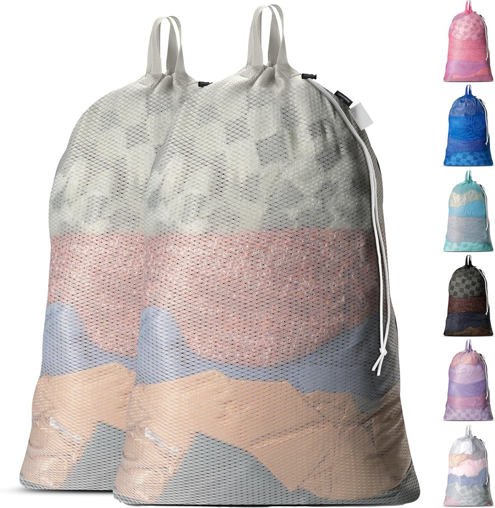 Large Mesh Laundry Bags - 2-Pack Heavy Duty with Handles & Drawstring - Machine