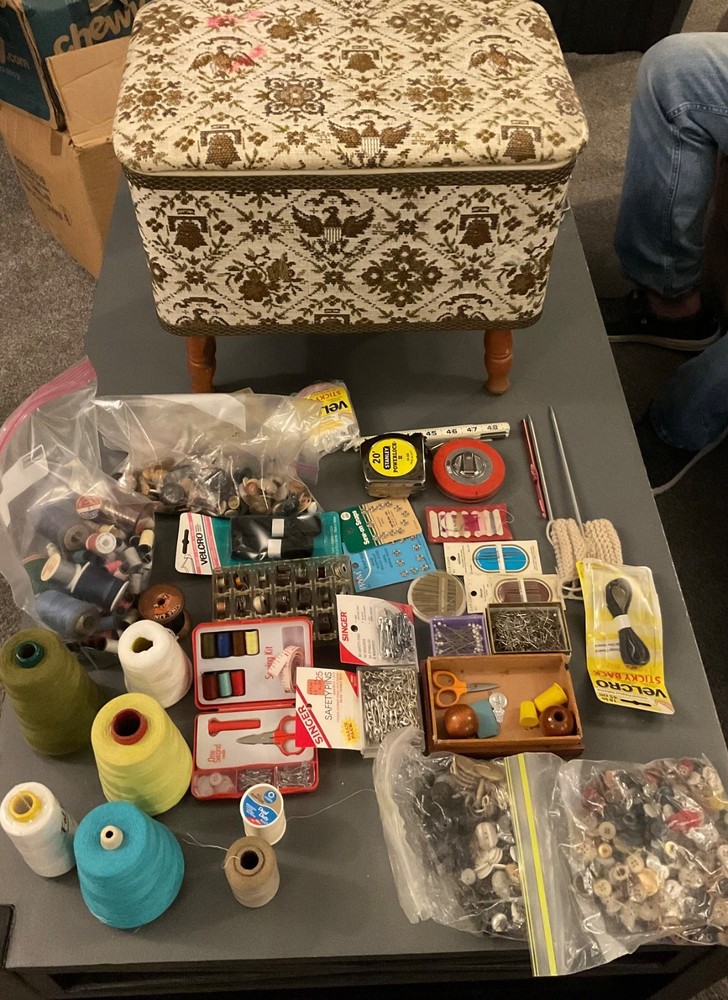 Vintage REDMON SEWING STORAGE Stool Filled with Materials…buttons, pins, thread
