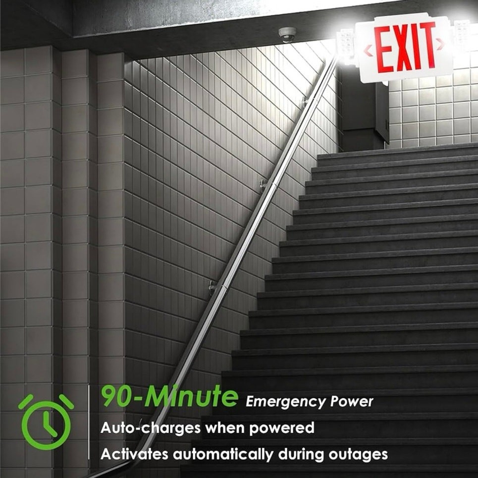 Combo Exit Sign, Light with 2 Adjustable Heads and Double, Back Up Batteries