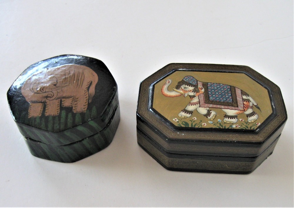 2 Hand Painted lidded Lacquered Paper Mache Trinket Boxes Elephant designs