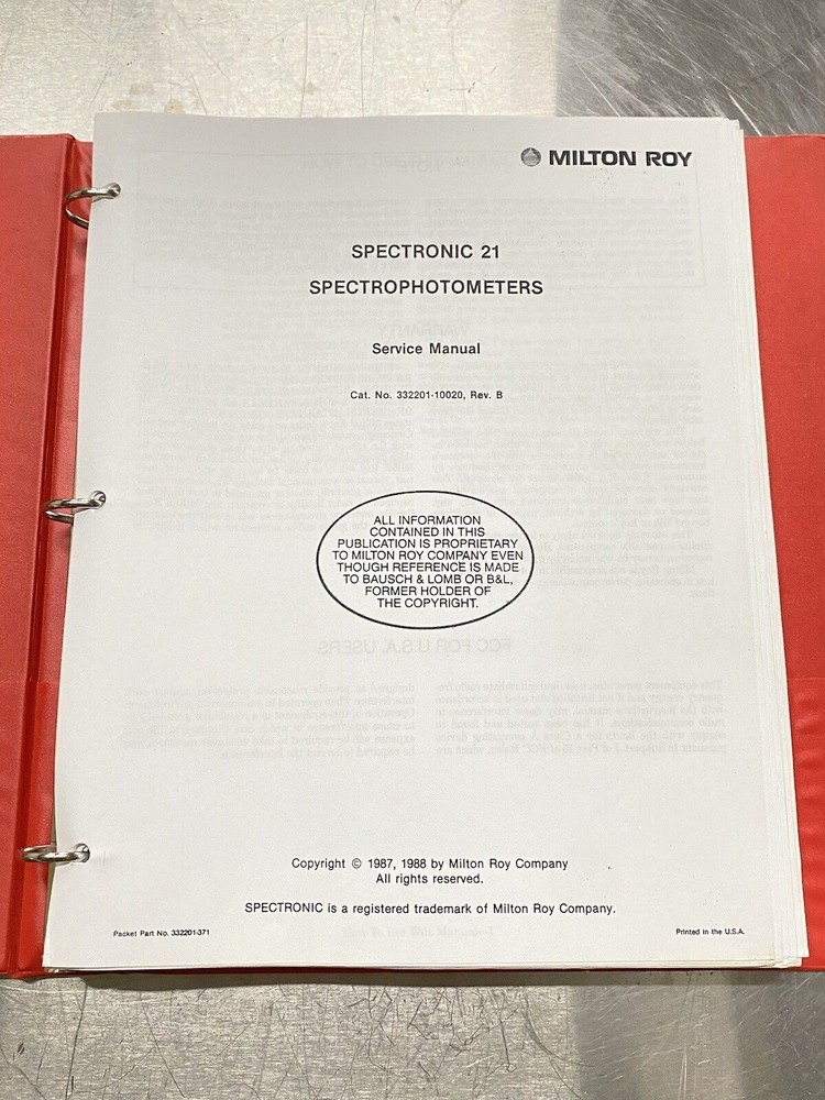 Milton Roy Spectronic 21 Spectrophotometer - Users Guide / Service Manual