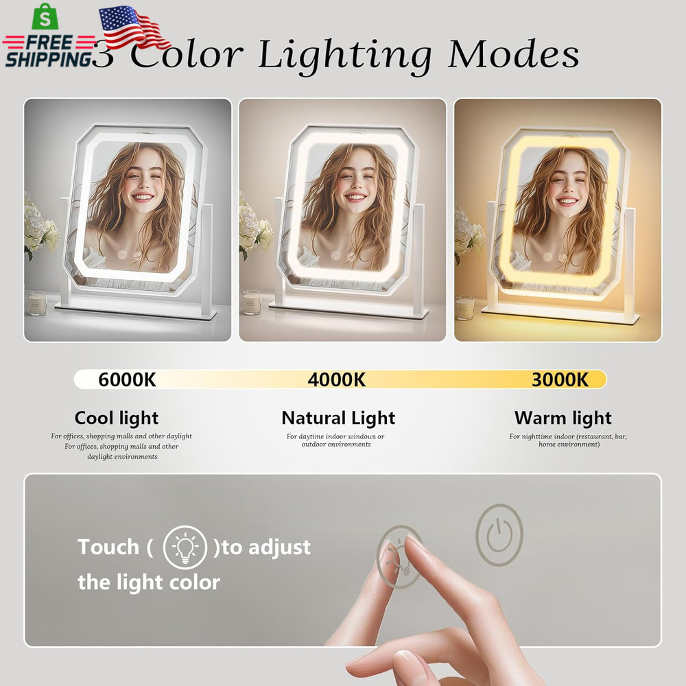 Lighted Makeup Mirror, 3 Colors for Precise Application, Touch Control Brightnes