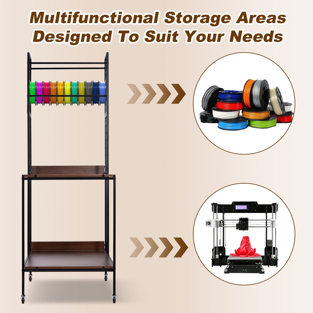 Heavy Duty Mobile 3D Printer Stand w/ Double Layer Filament Storage Rack+Wheels