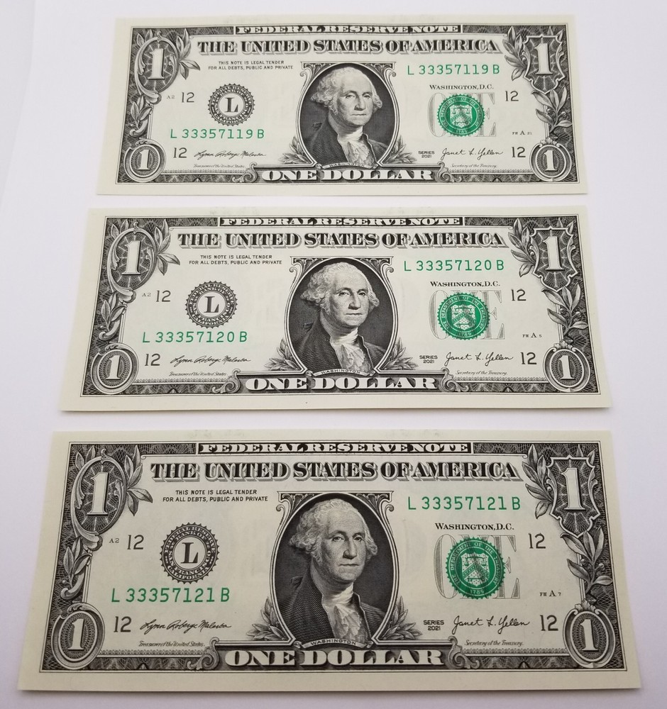 Misaligned Miscut Dollar Bill Sequential (Lot) Consecutive $1 US Series 2021 L