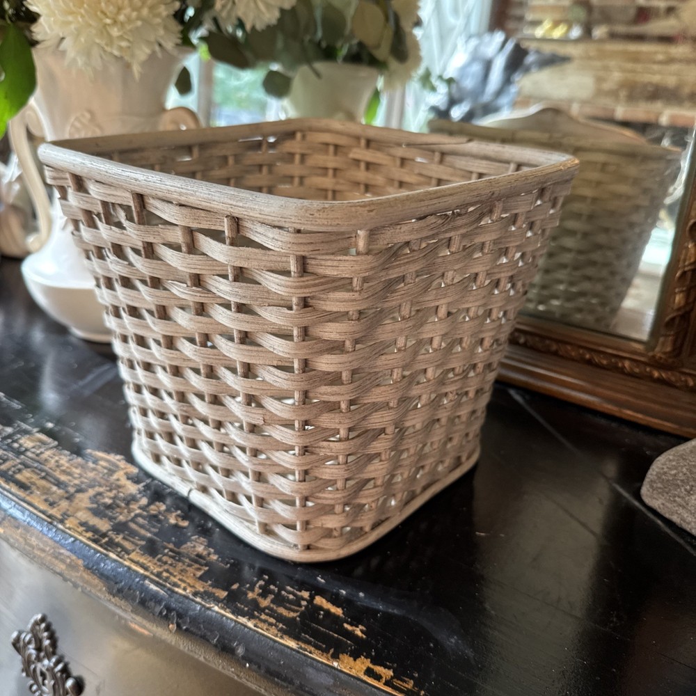Vintage Boho Chic White Wicker Square Basket