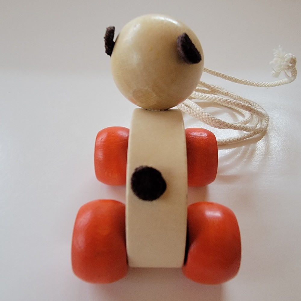 Vintage Wooden Panda Pull Toy On Wheels