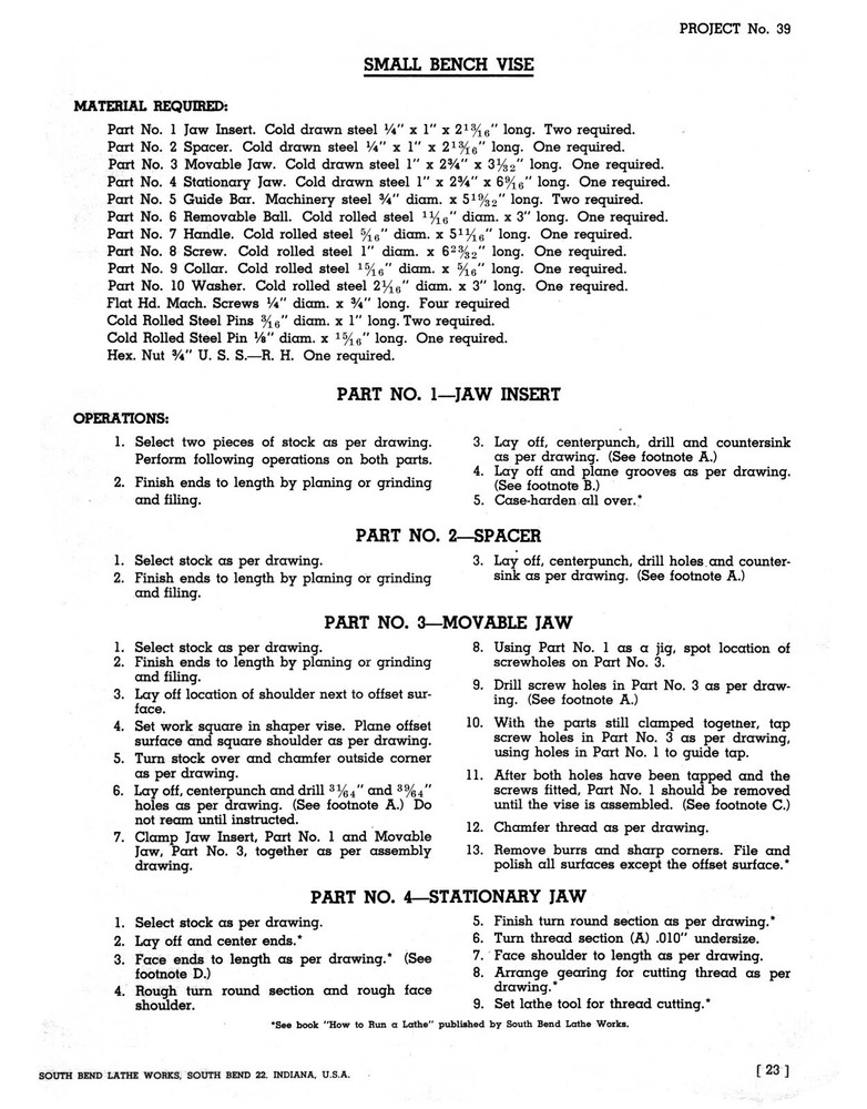 South Bend Machine Shop Course Training Instruction Manual #914