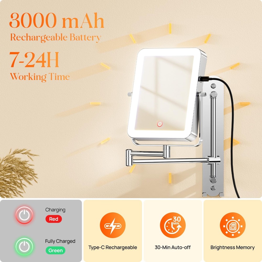 Gospire Height Adjustable Wall Mounted Lighted Makeup 13"L x 11"W, Chrome