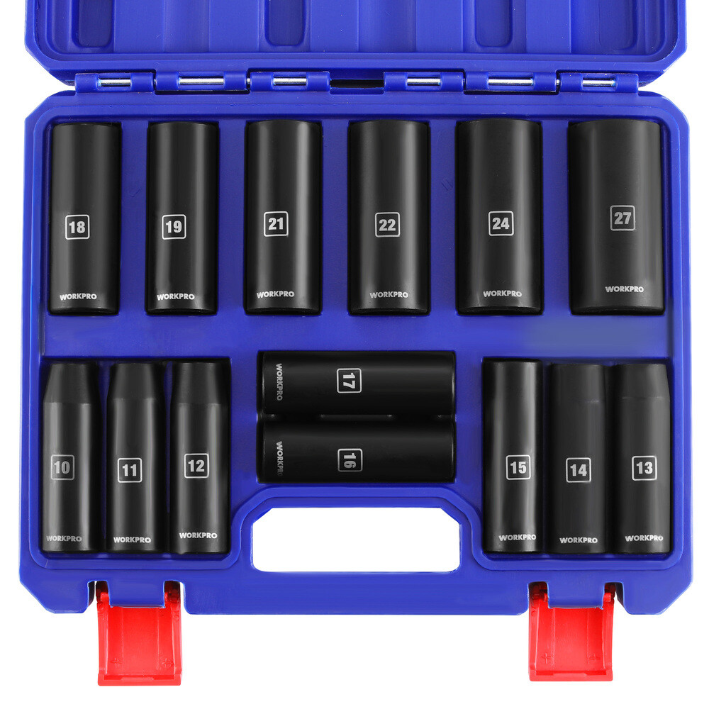 WORKPRO 14Piece 1/2" Drive Deep Impact Socket Set 6-Point 3/8"-1-1/4" SAE w/Case