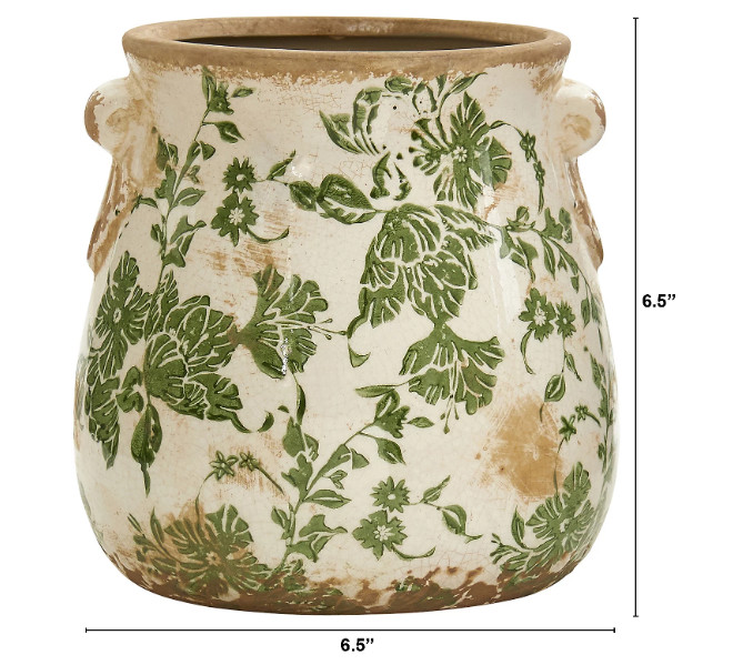 6.5" Tuscan Style Ceramic Planter Green Scroll Pattern Indoor Decor