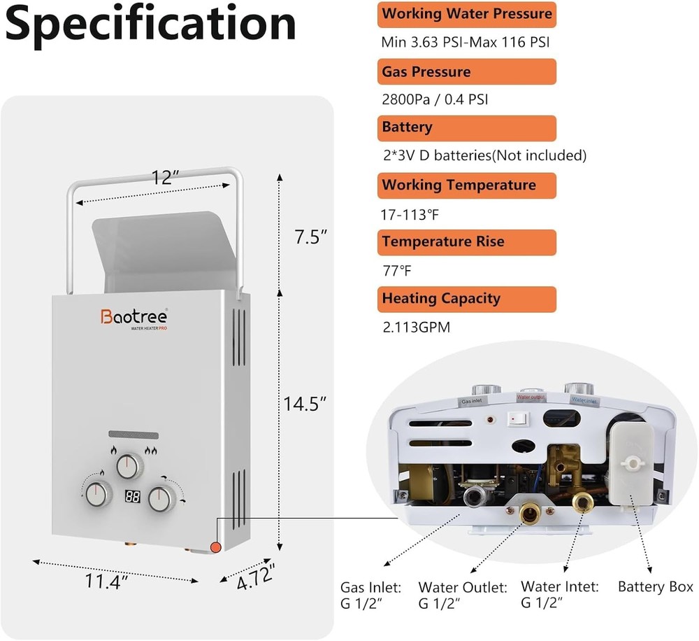 18L 4.76GPM RV Tankless Propane Gas Hot Water Heater with Display Instant Boiler