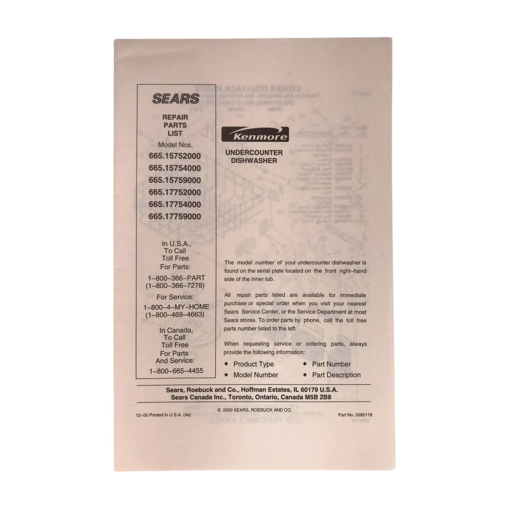 Sears Kenmore Dishwasher Documents (from around 2000–01)