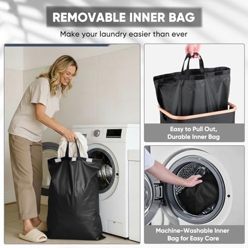 Laundry Hamper with Lid, Tall Laundry Baskets with Bamboo Pull 70 liters Black