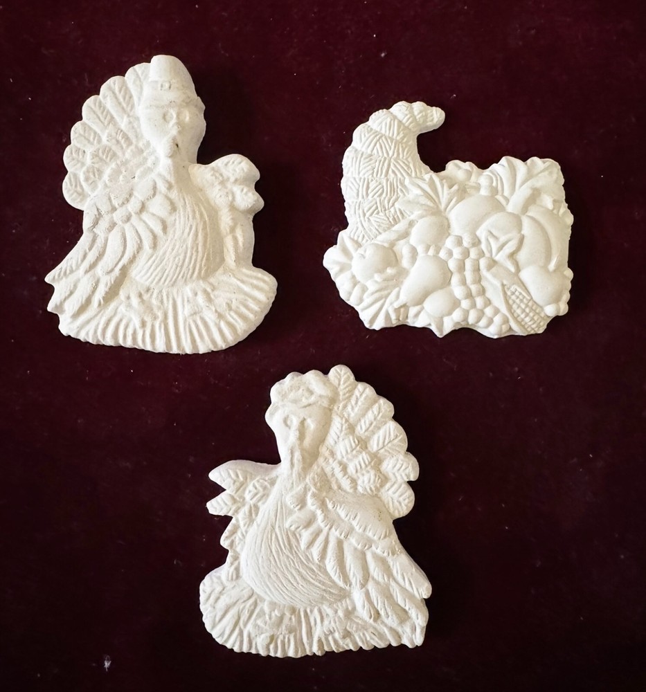 3pcs-Thanksgiving Turkeys, Cornicopia Unpainted Ceramic for Magnets/Deco