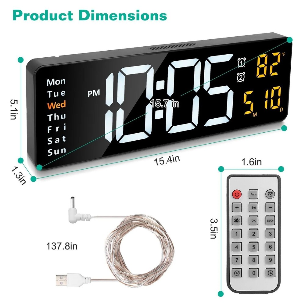 16" Large Digital Wall Clock with Remote, Large Display LED Wall Clock Timer ;