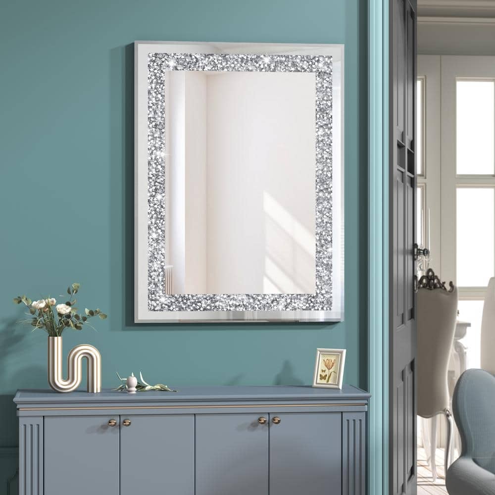 Decorative Wall Mirror Rectangle Framed Silver Crystal 23.6 In. W X 35.4 In. H