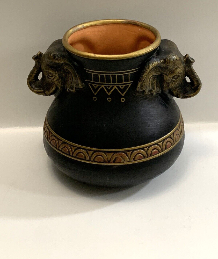 Pottery Jug Vase Elephant Handles Painted Decorated Embellished