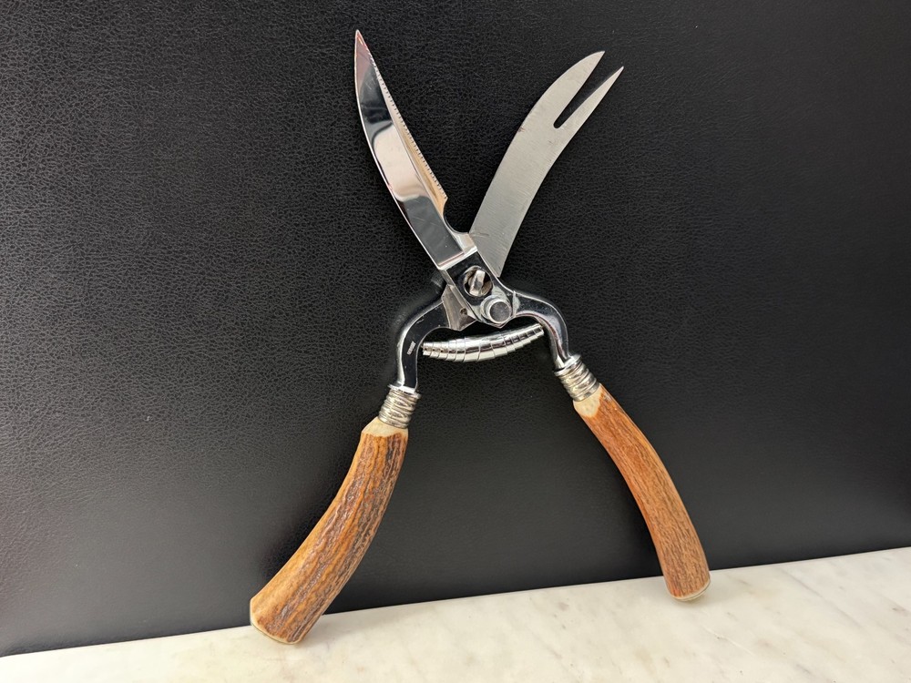 Custom German Stainless Kitchen Poultry Shears Stag Handle, Fork Tip, Take-Apart