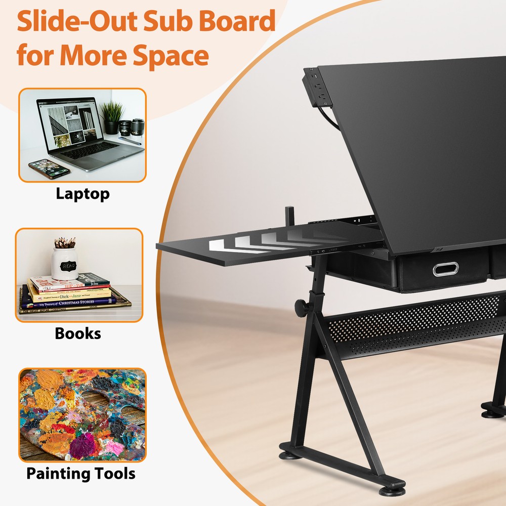 Drafting Table Adjustable Drawing Table Craft Desk w/ Charging Station Black
