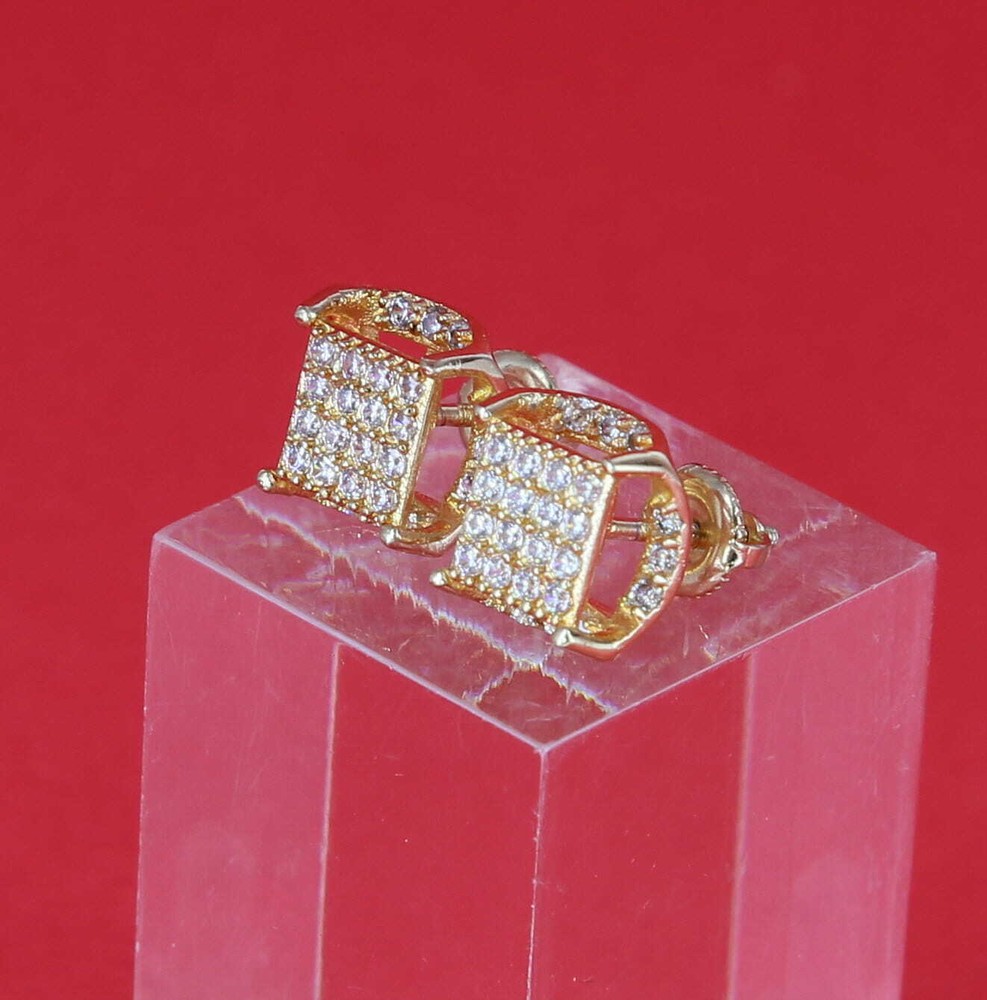 Men's 10.4mm Iced Bling GP Flat Square Block Side Stone Stud Earrings Screw Back