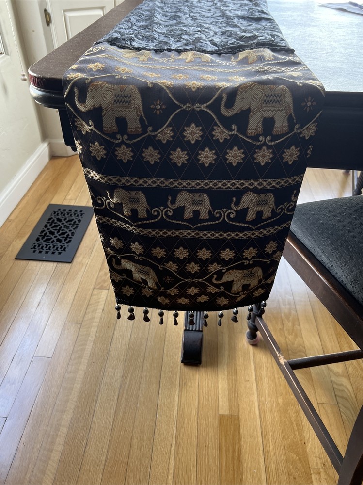 Table Runner With Gold Elephants On Black Backdrop