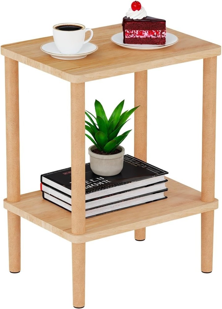 LUNO Solid Wood Side Table, 2-Tier Small End Table with Stora Shelf,