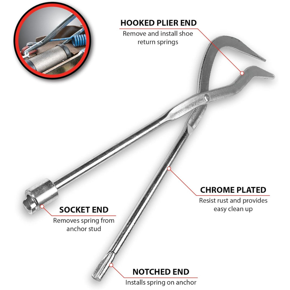 Performance Tool Chrome Plated Brake Spring Pliers with Notched and Socket End