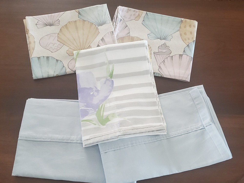 Vintage Pillowcases x 5 -Mix & Match - Blue Tones - Solid - Shells - Floral