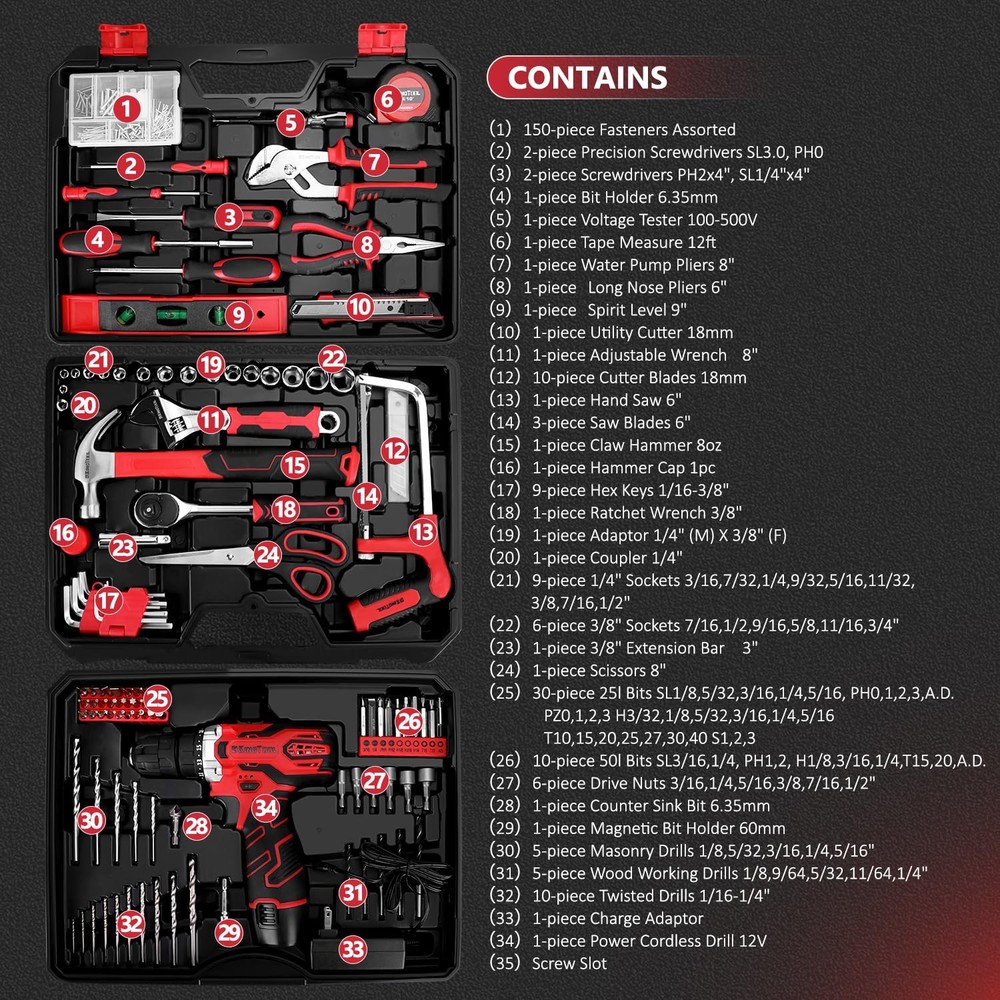 KingTool 276 Piece Tool Set Kit Tool kit with 12V Cordless Power Drill Driver