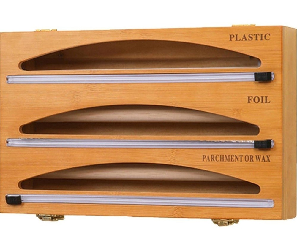 Bamboo Foil and Plastic Wrap Organizer with Cutter 3 in 1