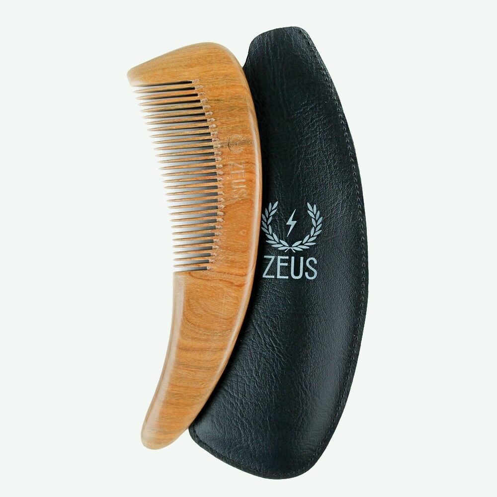 Zeus Large Curved Sandalwood Beard Comb with Sheath