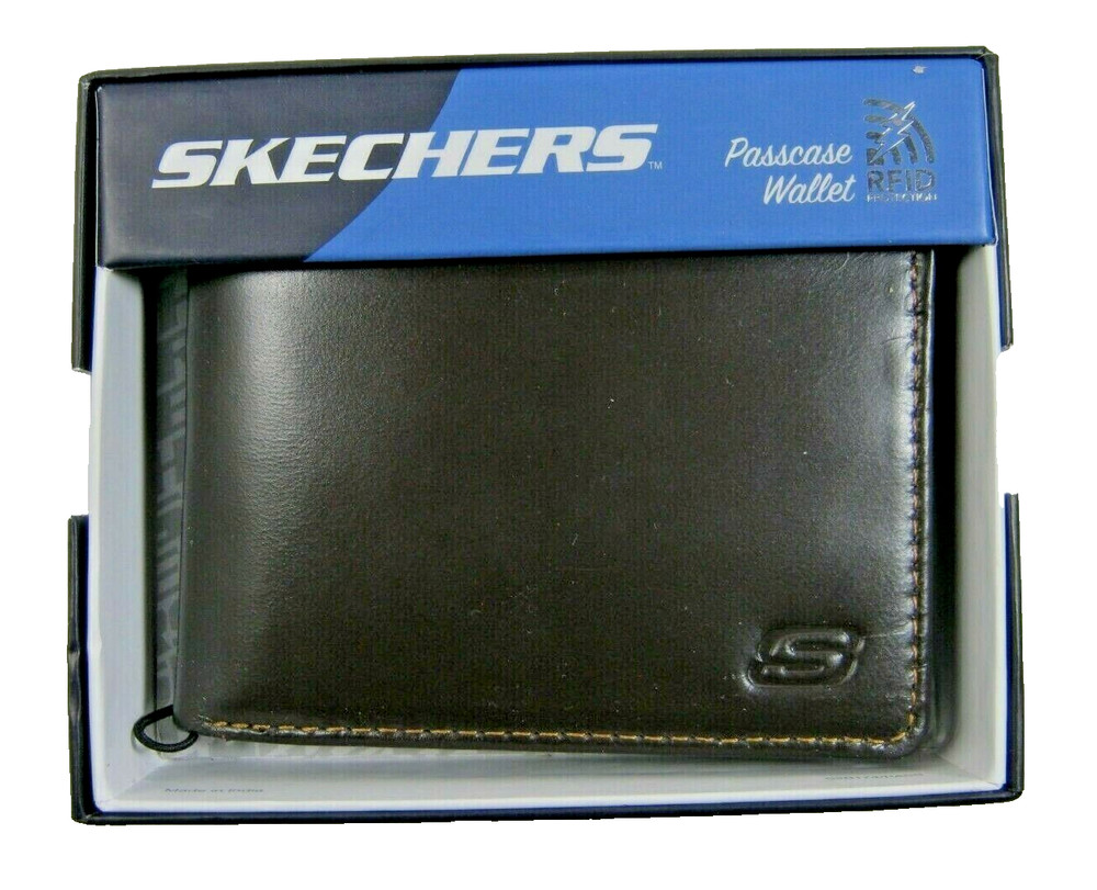 Skechers Brown Men's Wallet Smooth Genuine Leather Passcase RFID Security New