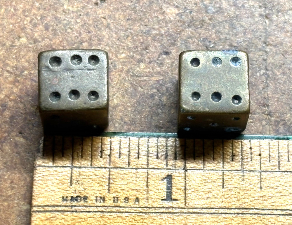 Pair vintage solid brass 3/8" SIX SIDED craps board game HEAVY DICE 24g