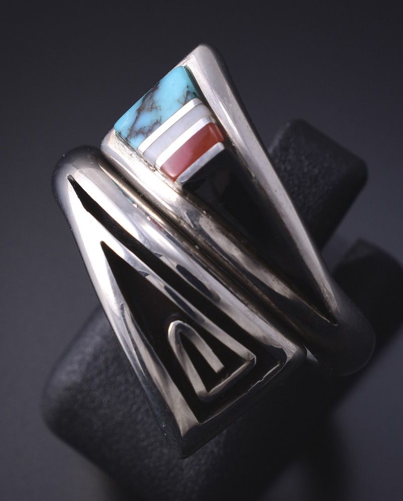Preowned- Adjustable Silver Navajo Inlay Wrap Ring - Albert Nells 5K10Q