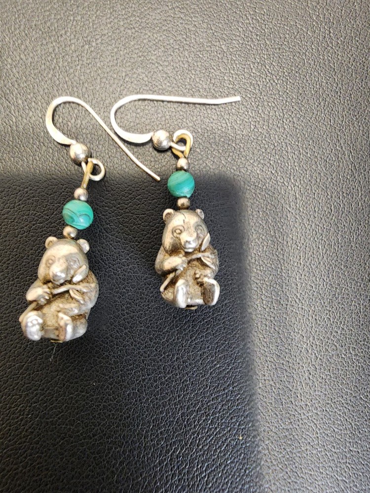 Vintage Sterling Silver Malachite Panda Bear Earrings