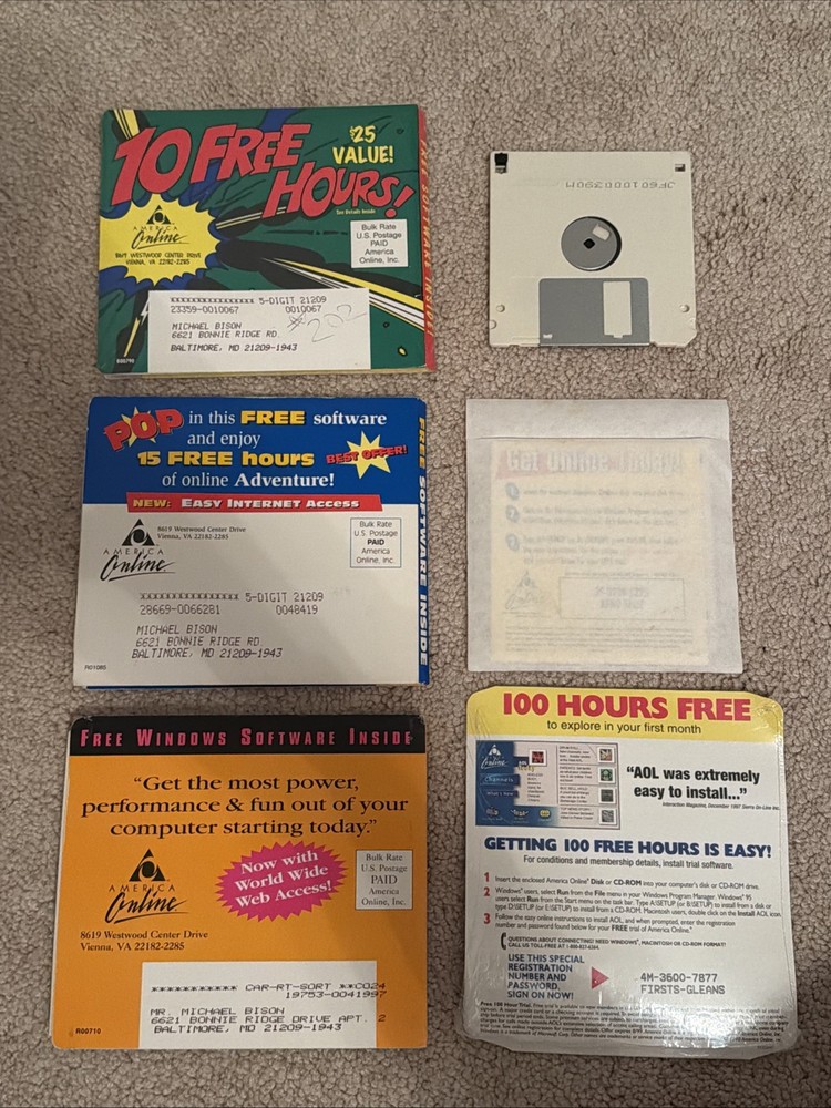 America Online / AOL Floppy Disc Set (6) - Mostly Sealed