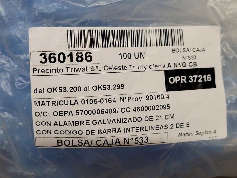 100 Pieces Triwat Seal Light Blue With 21cm Galvanized Wire And Barcode 360186